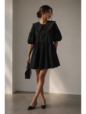 Collusion Black Cotton Babydoll Mini Dress Peter Pan Collar Puff Sleeve US10